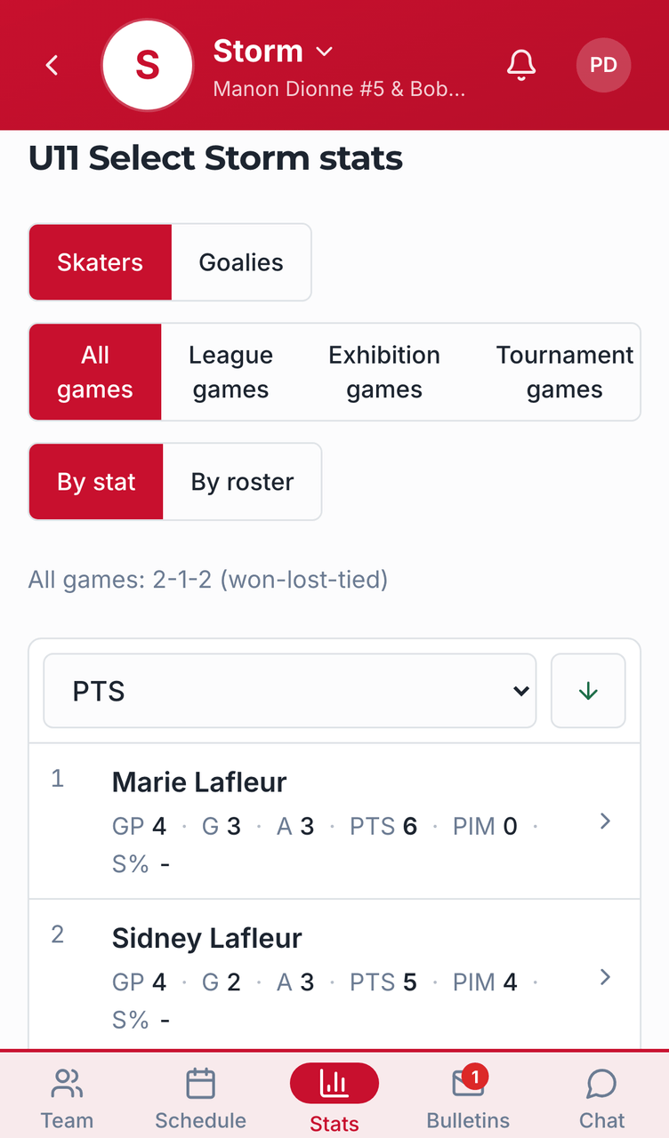 Player stats screenshot