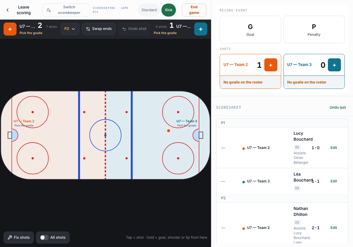 Rink mode on a tablet screenshot