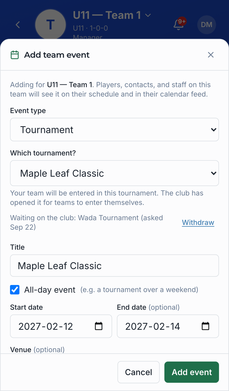 Capture d'écran de Ajouter un tournoi au calendrier