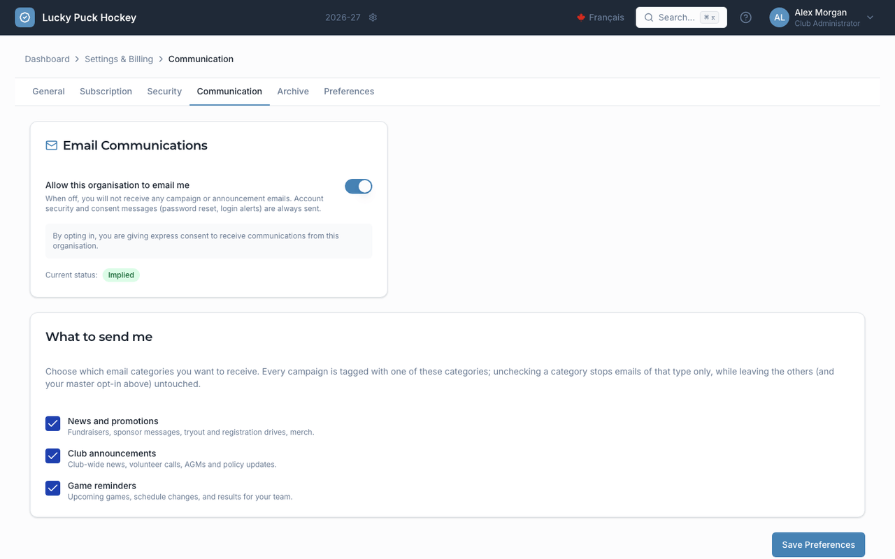Communication Preferences screenshot